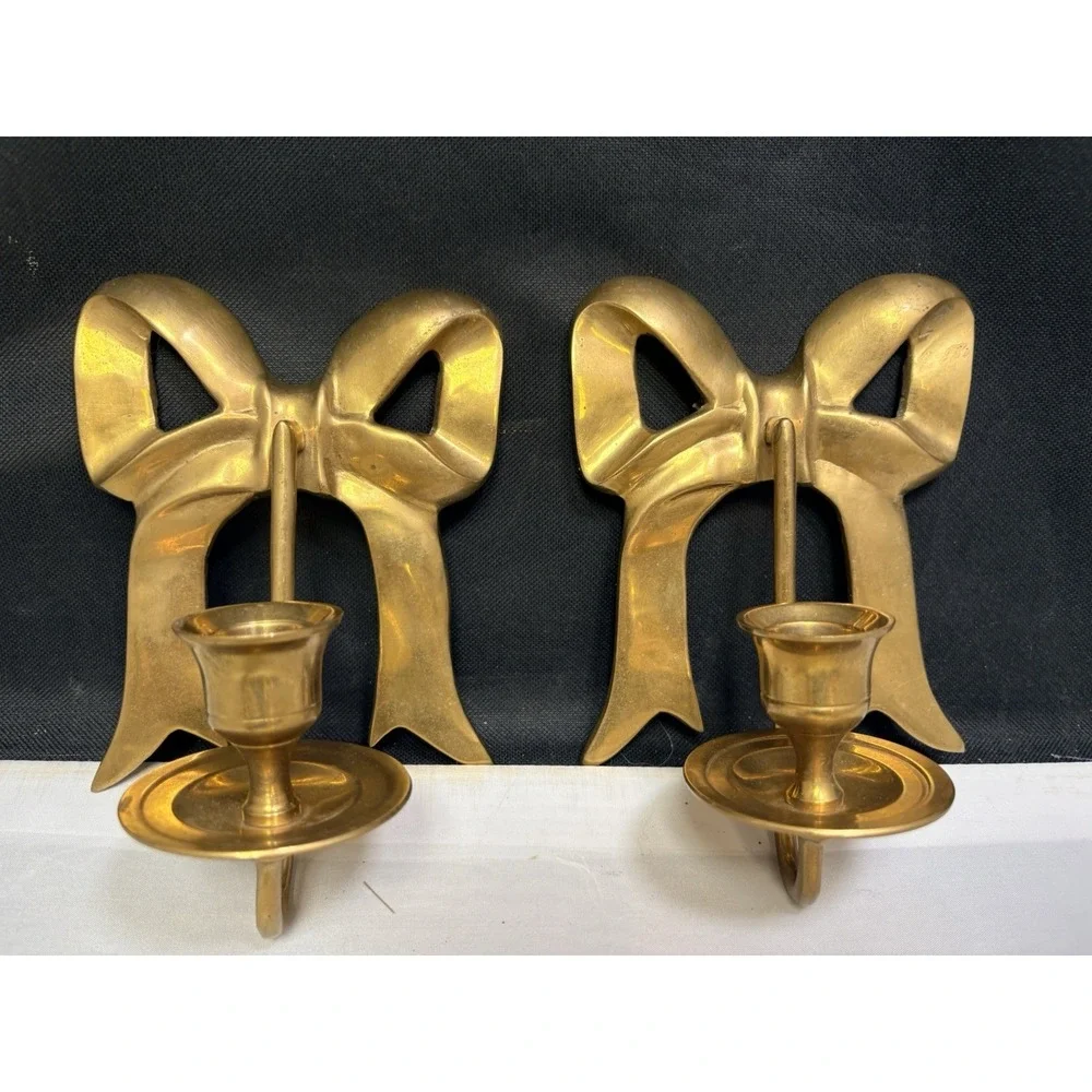 Bows VTG Brass Wall Candle Holders CuteCore Coquette Hollywood Regency Cottage